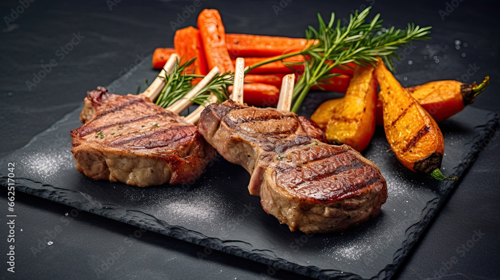 Rare Lamb Chops with roasted carrots on a chic marble background.