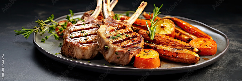 Rare Lamb Chops with roasted carrots on a chic marble background.