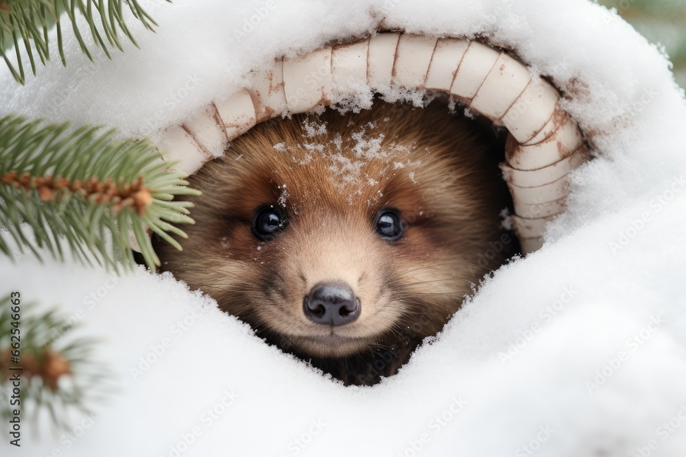  a small brown and white animal peeking out of a hole in the snow.  generative ai