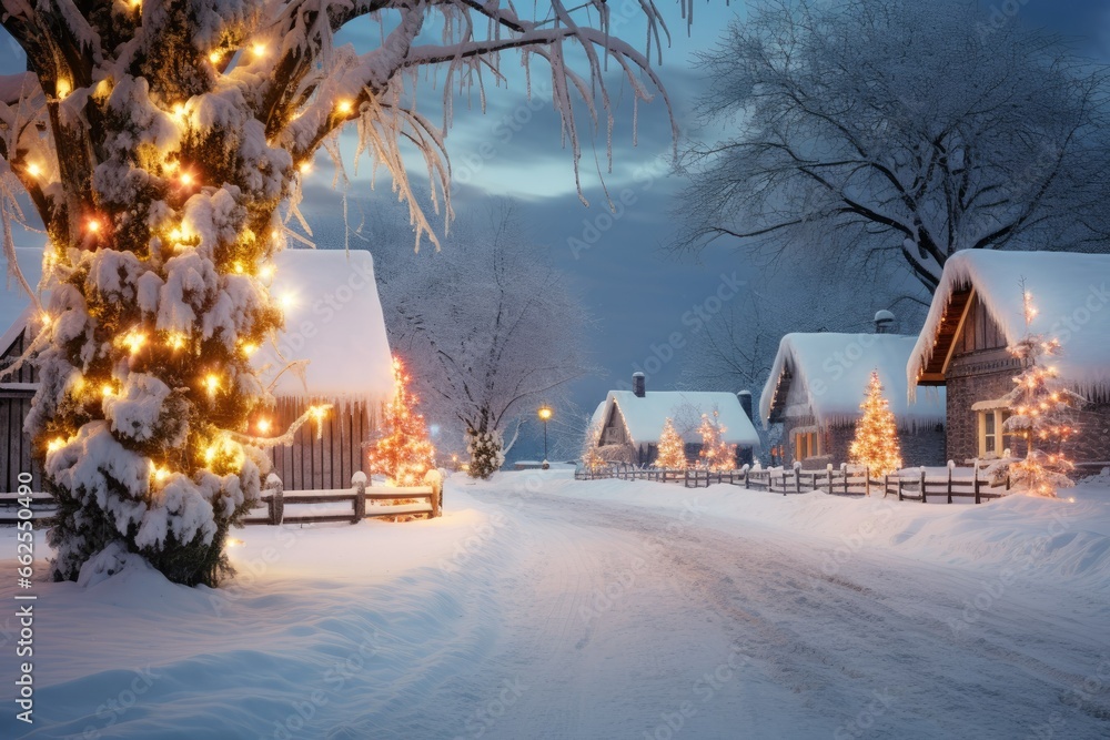  a snowy street with christmas lights and a tree in the foreground.  generative ai