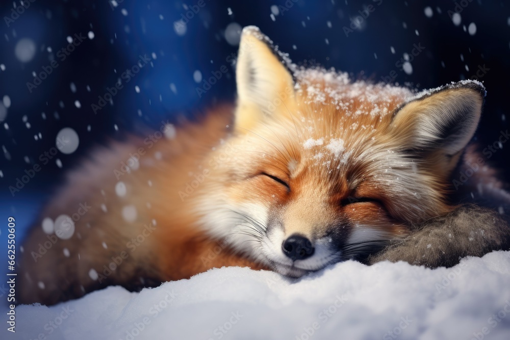  a red fox sleeping in the snow with its eyes closed.  generative ai