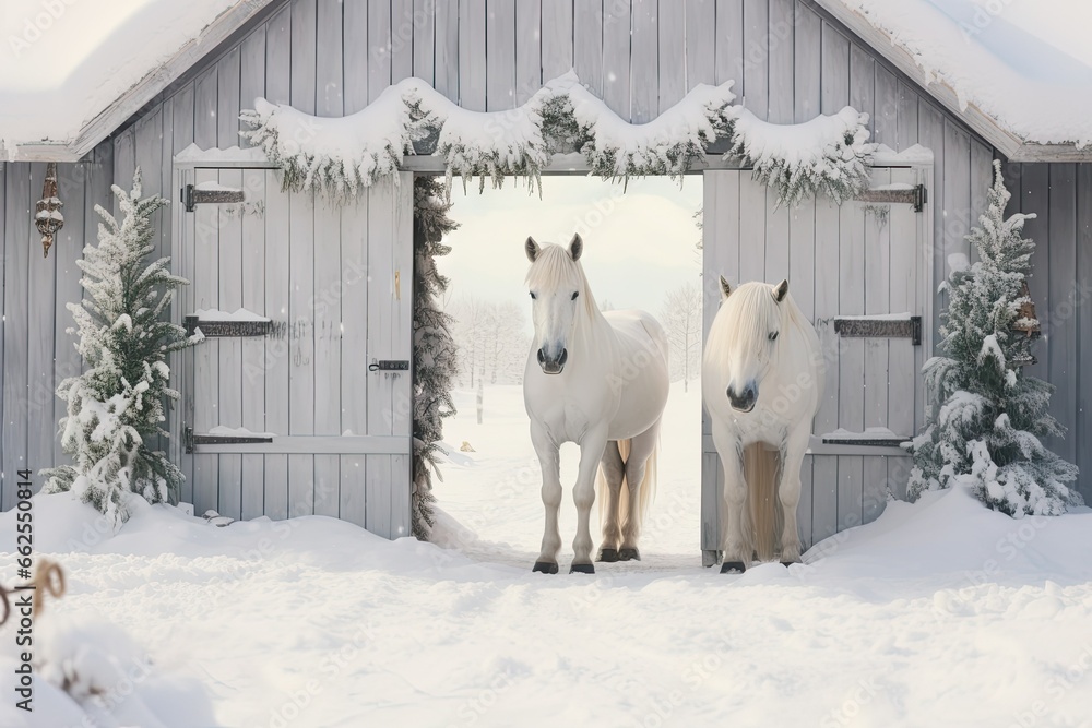  two white horses standing in front of a barn in the snow.  generative ai