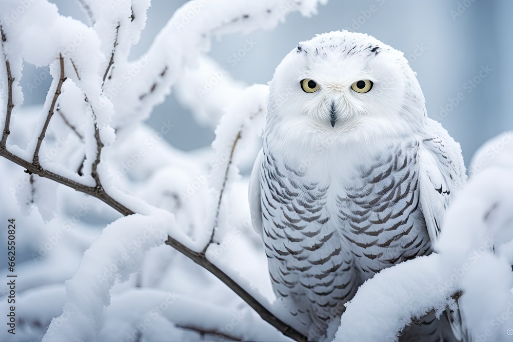  a white owl is sitting on a snowy branch with yellow eyes.  generative ai