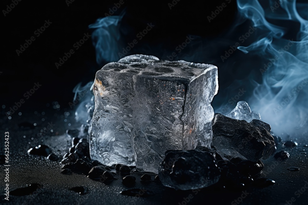  a block of ice sitting on top of a pile of rocks.  generative ai