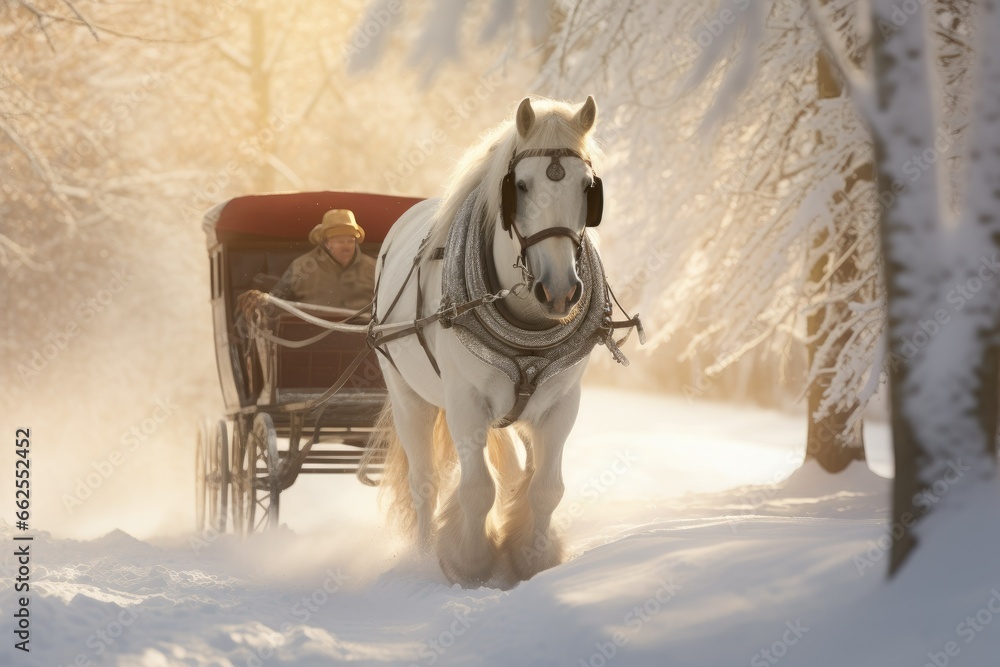  a horse pulling a sleigh through a snowy forest.  generative ai