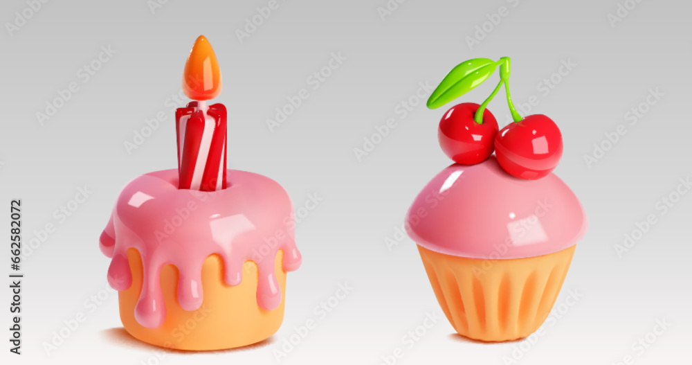 3d birthday cake with candle vector dessert icon. Pink cupcake with cream and cherry simple muffin decoration. Isolated bakery sweet snack for cafe confectionery valentine menu. Happy anniversary gift