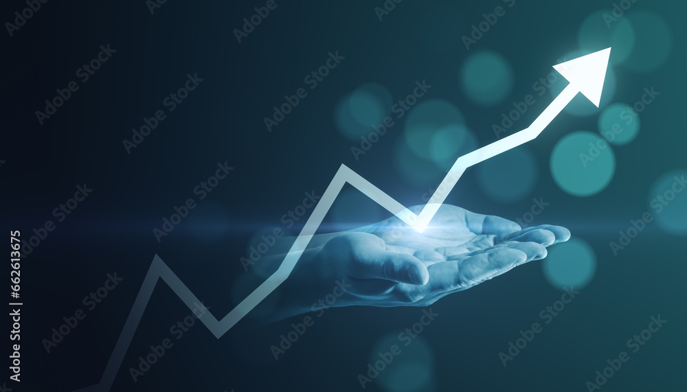 Close up of businessman hands holding creative glowing upward arrow on blurry glowing blue bokeh circles background. Growth, success business and up concept. Toned image.