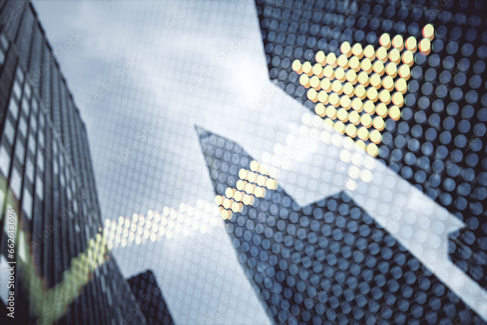 Creative yellow pixel upward arrow on blurry city background. Growth, success business and up concept. Toned image. Double exposure.