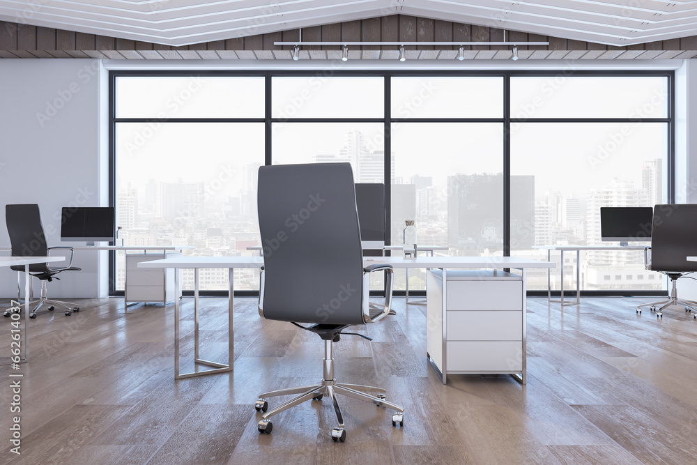 Bright concrete and wooden glass office interior with various objects and furniture, window with city view and daylight. 3D Rendering.