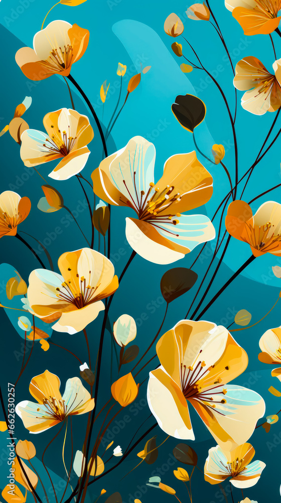 Image of yellow and white flowers on blue background.