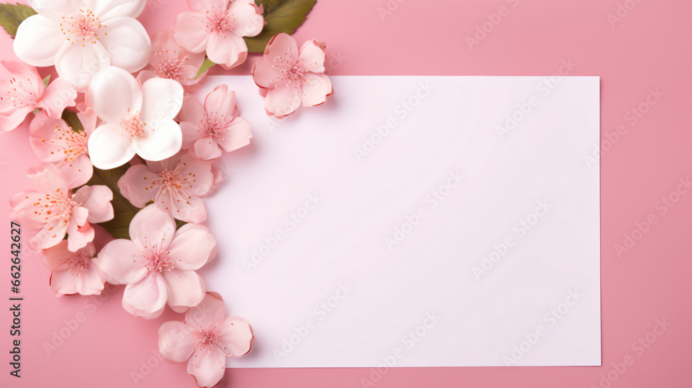 Top view of a pink paper letter and flowers with copy space