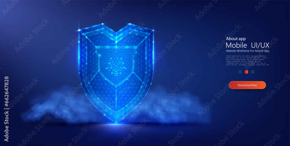 Digital Cyber Shield in Vibrant Blue Neon Lights: UI,UX Mobile App Security Design Concept. Modern lowpoly style. Vector illustration