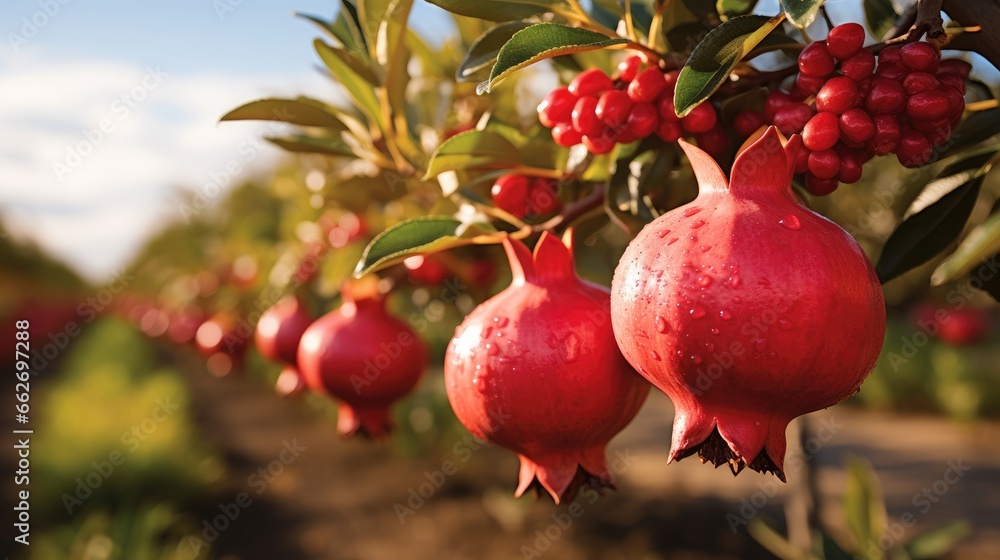 Pomegranate on trees, Agricultural concept.