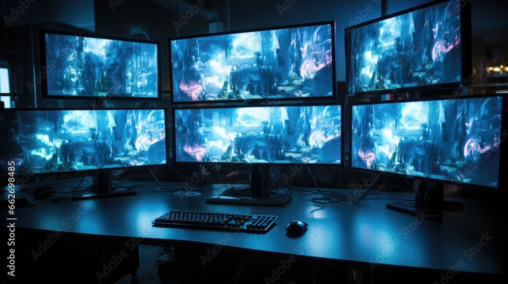 Computer screens showcasing game designs.