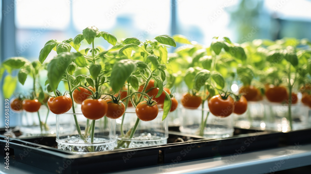 Tiny tomatoes grown in a greenhouse lab test, Organic tomatoes.