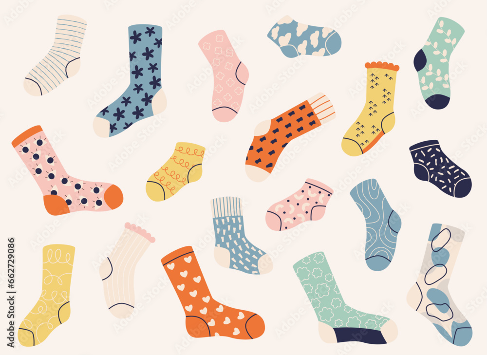 Socks collection. Warm winter woolen foot wear, funny fashion knitted cotton dotted socks, trendy fashion doodle textile foot wear. Vector isolated set