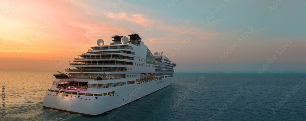 Cruise Ship, Cruise Liners beautiful white cruise ship above luxury cruise in the ocean sea at sunset time concept exclusive tourism travel on holiday take a vacation time on summer