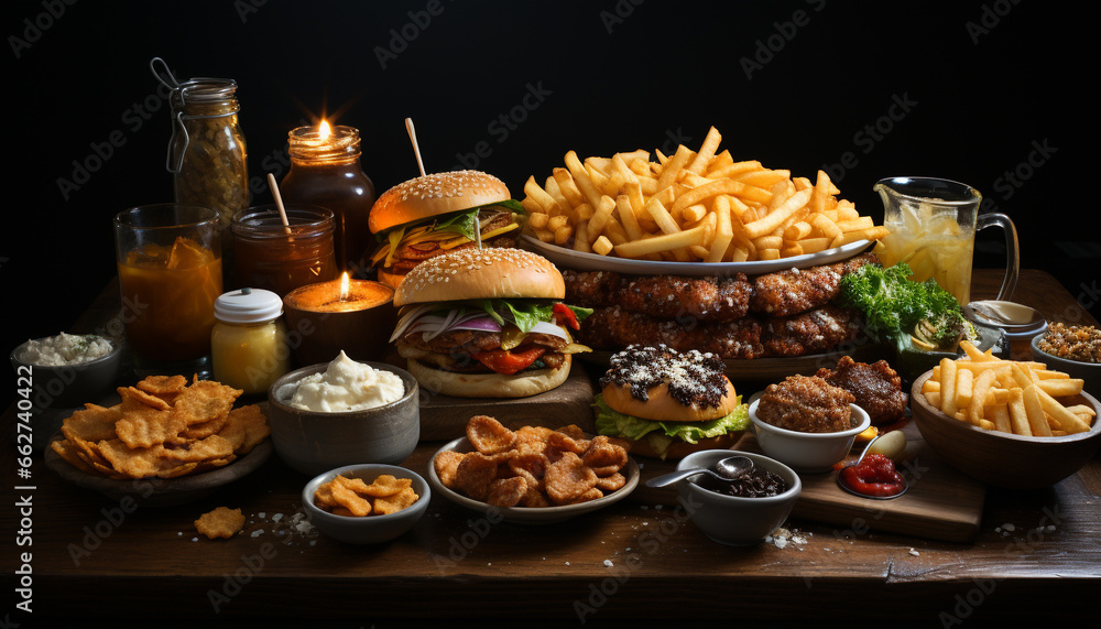 Grilled beef burger with cheese, fries, and refreshing cola drink generated by AI