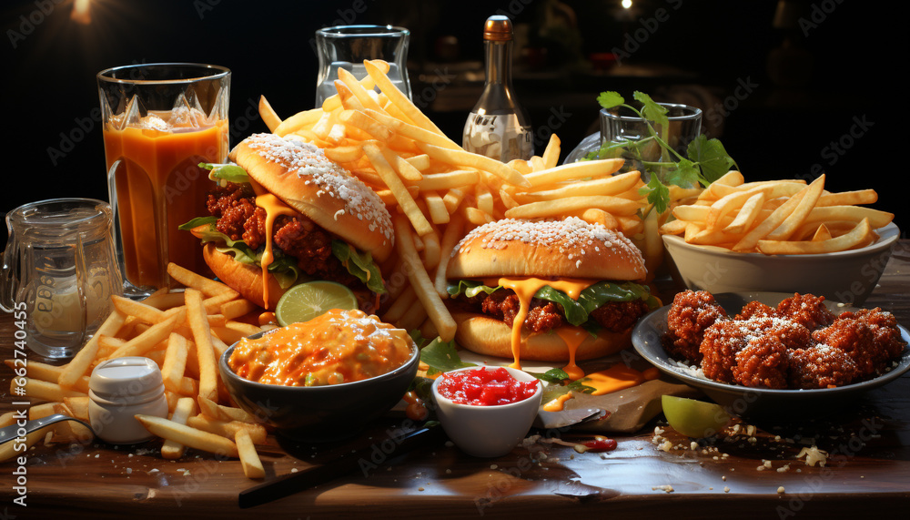 Grilled beef burger, fries, and cola on a wooden table generated by AI