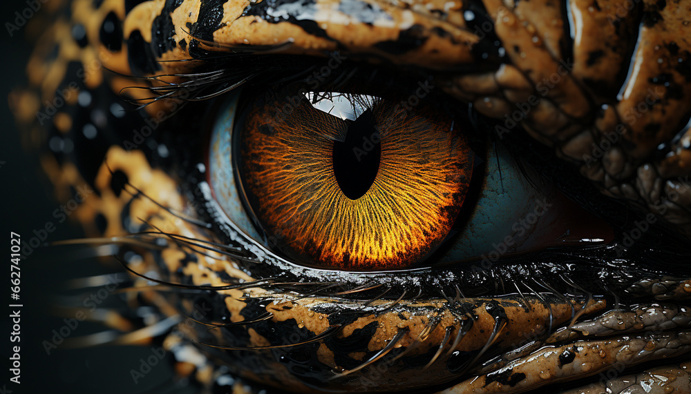 Staring feline beauty, watching nature elegance in vibrant animal markings generated by AI