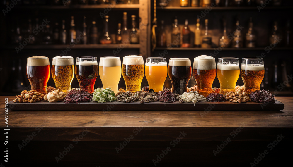 Frothy beer glass on wooden table, a refreshing celebration generated by AI