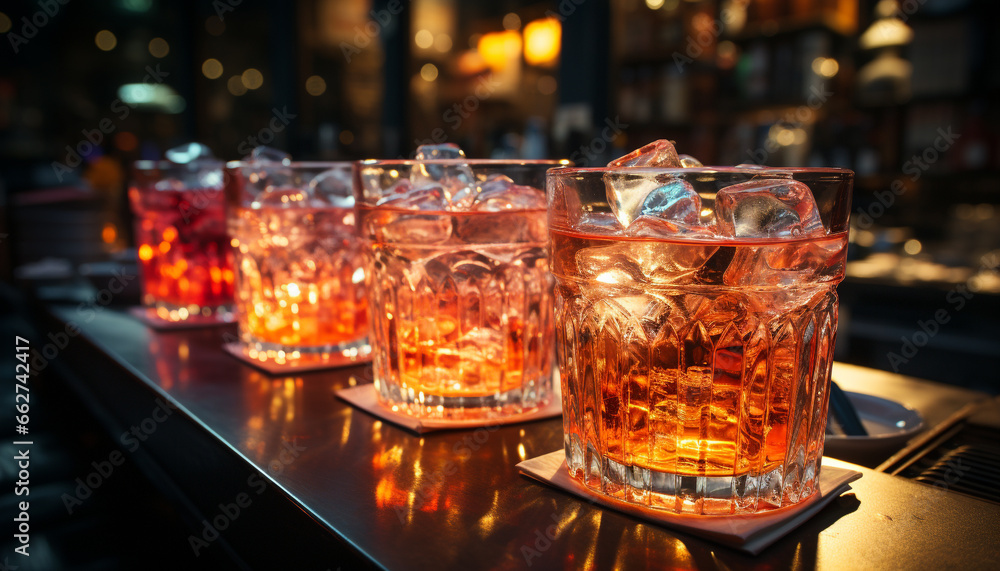 Nightclub bar counter, illuminated with luxury, pouring refreshing cocktails generated by AI