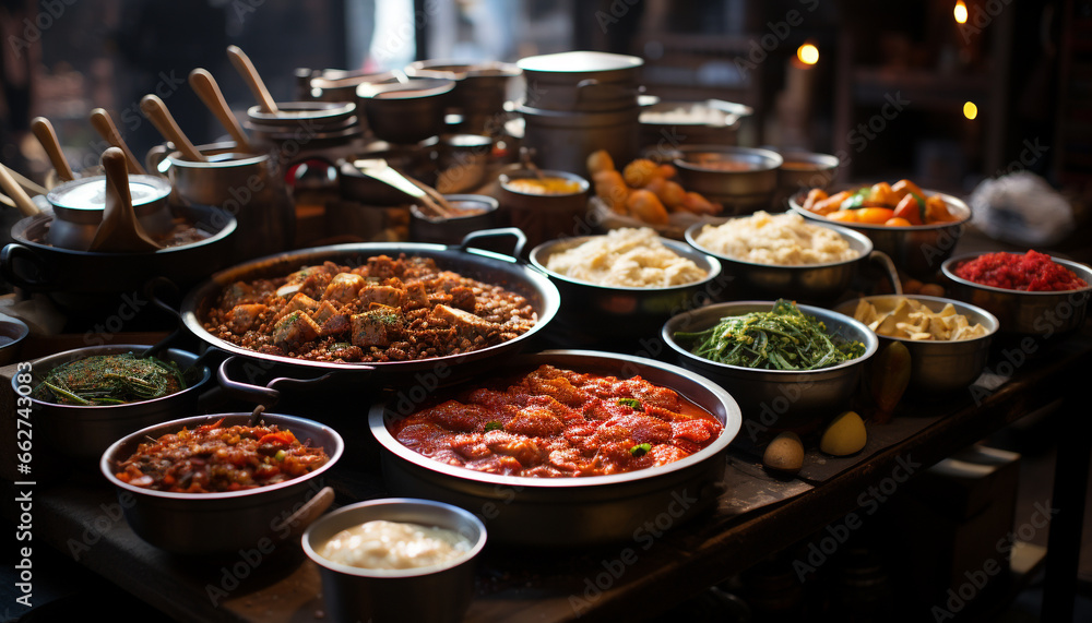 A variety of grilled meats and seafood on a rustic plate generated by AI