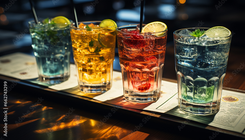 Refreshing cocktail on a wooden table, perfect for a summer night generated by AI