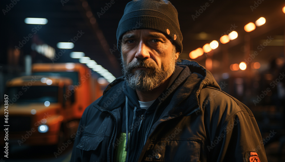 Confident man in winter cap, looking at camera in city generated by AI