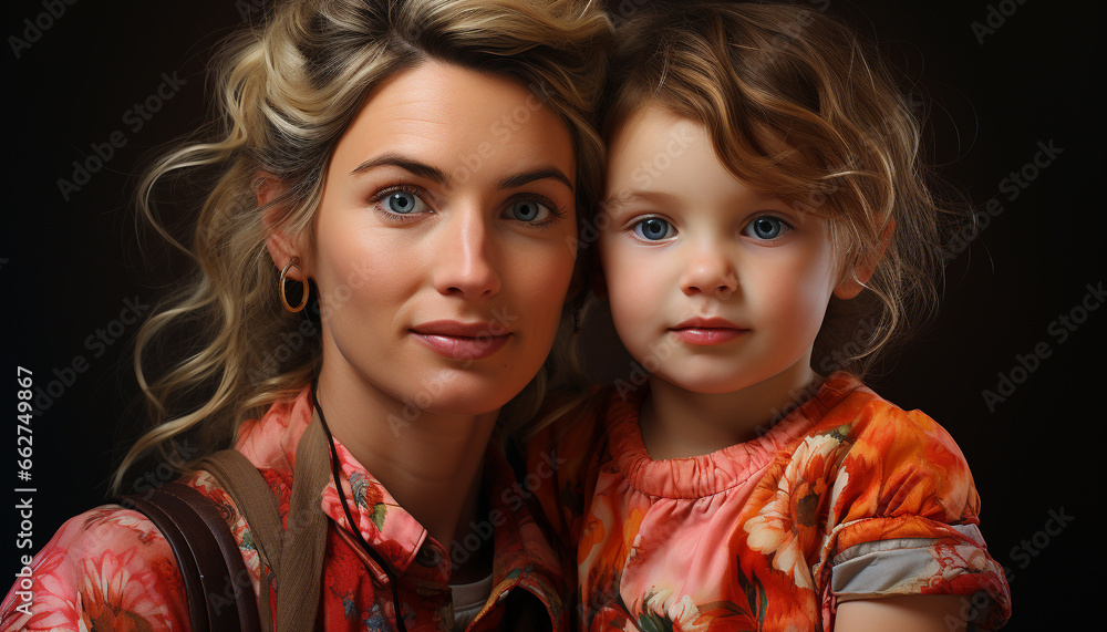 Caucasian women, child, portrait, cute, family, smiling, looking at camera, happiness, blond hair, mother generated by AI