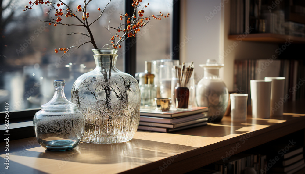 Indoors, glass bottle on wooden shelf, a modern still life generated by AI