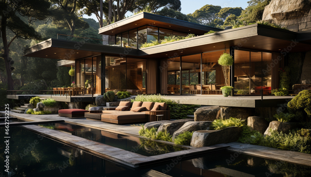 Luxury modern architecture blends with nature in tranquil residential district generated by AI