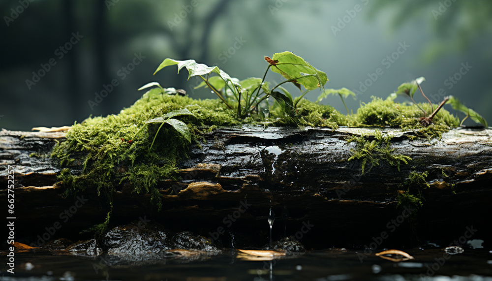 Tranquil scene green forest, wet leaves, fresh plant growth, peaceful water generated by AI