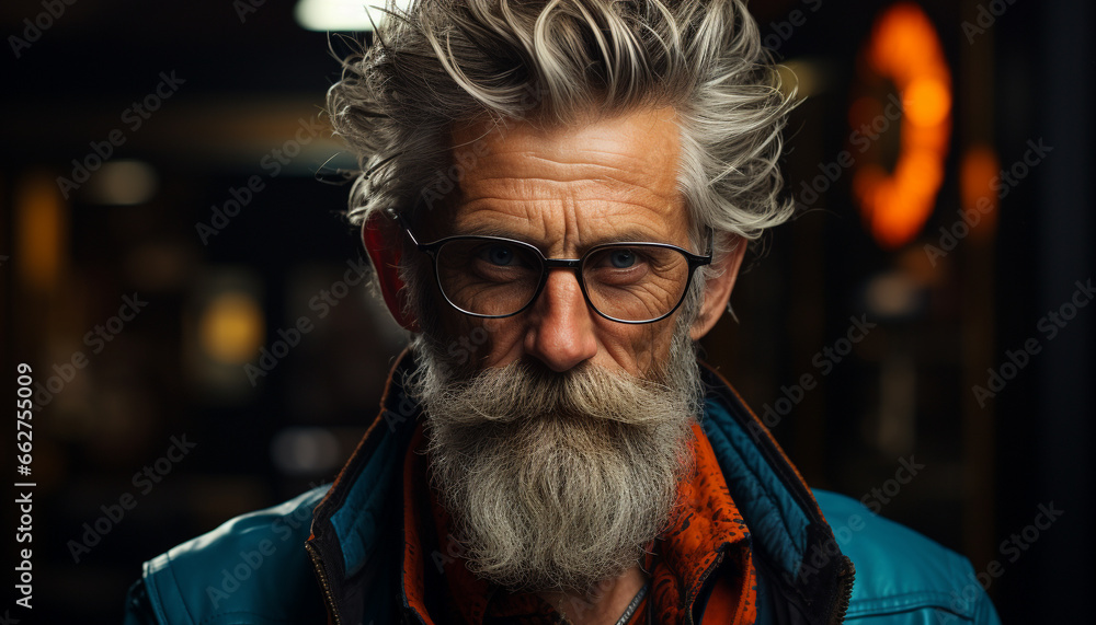 A confident, smiling senior man with gray hair and eyeglasses generated by AI