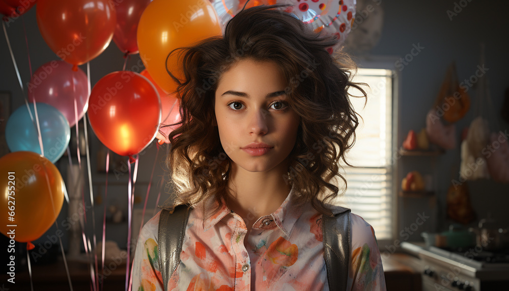 Smiling woman with brown hair holding balloon, celebrating with joy generated by AI