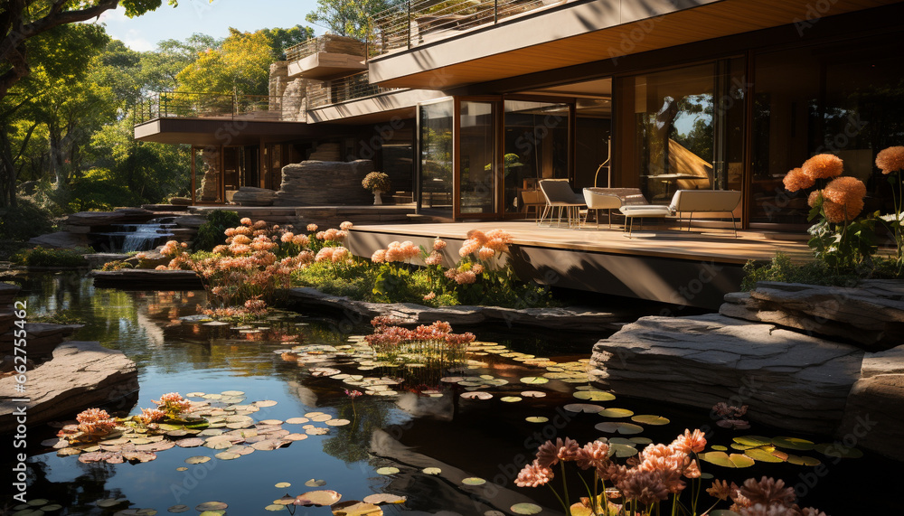 A serene pond reflects the beauty of a formal garden generated by AI