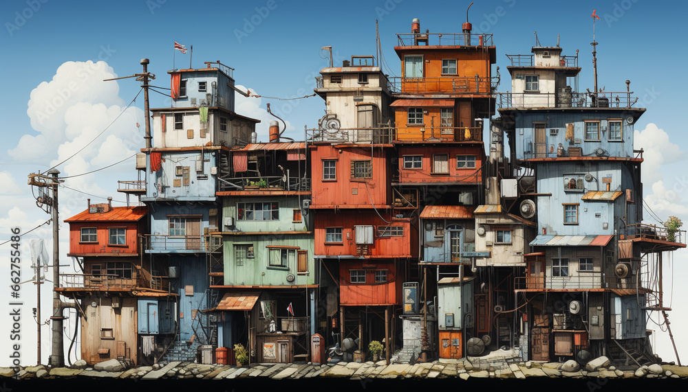 Dirty slum, old rusty building, crowded shack, chaotic construction site generated by AI