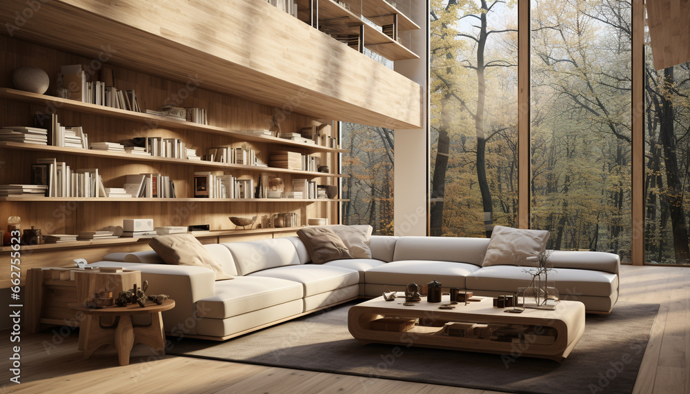 Comfortable sofa, elegant decor, modern architecture, tranquil scene, bright sunlight generated by AI