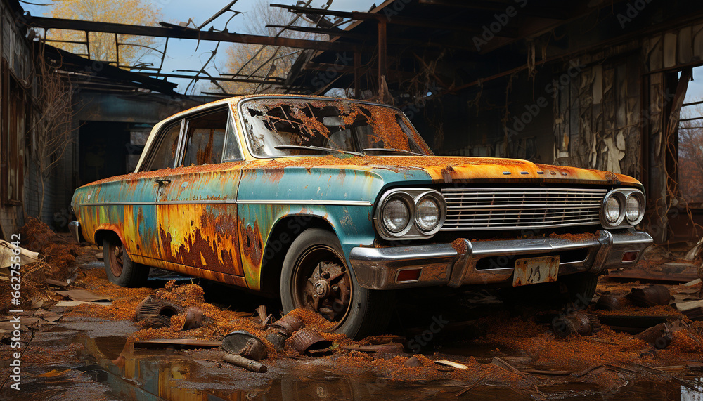 An abandoned rusty vintage car in a messy junkyard generated by AI