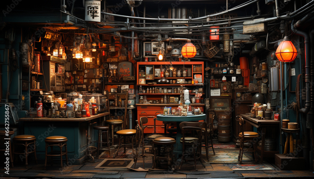 Inside the modern pub, a collection of old fashioned bar stools generated by AI