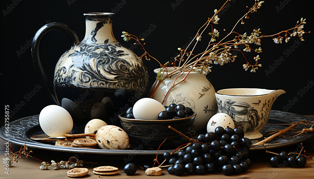 Rustic table decor, still life arrangement, ceramics, fresh fruit generated by AI