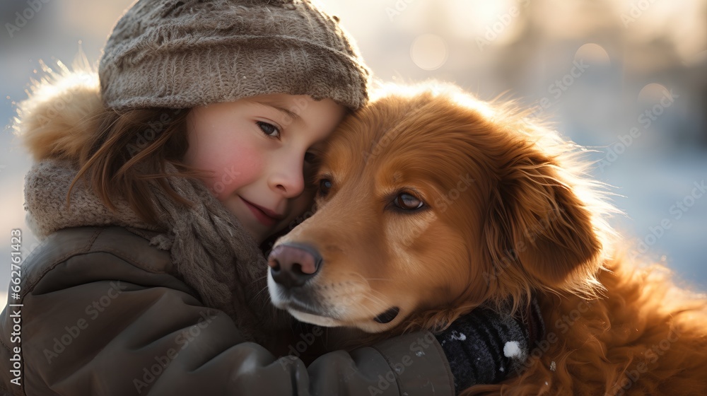 Therapy dog providing emotional and mental support to a child dealing with psychological ADHD, anxiety, or depression. The dogs calming presence helps child cope with their mental health struggles.