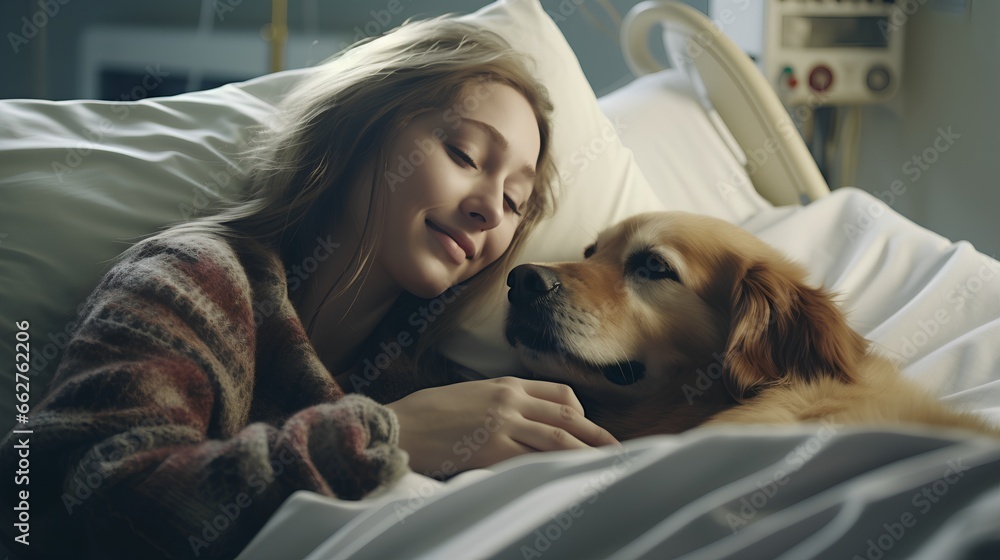 Loyal dog as emotional and mental support to hospital patient. Strong friendship offers support and psychological assistance. Therapeutic benefits of animal companionship in healthcare settings.