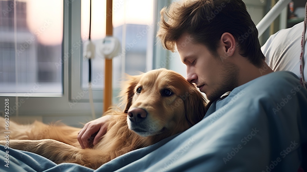 Loyal dog as emotional and mental support to hospital patient. Strong friendship offers support and psychological assistance. Therapeutic benefits of animal companionship in healthcare settings.