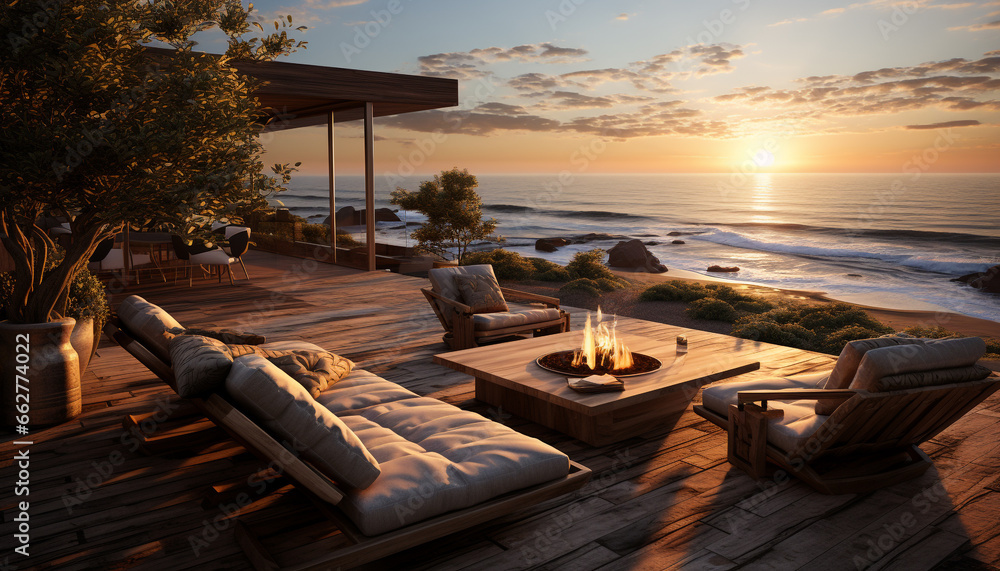 Sunset over a tranquil landscape, relaxation on a comfortable chair generated by AI