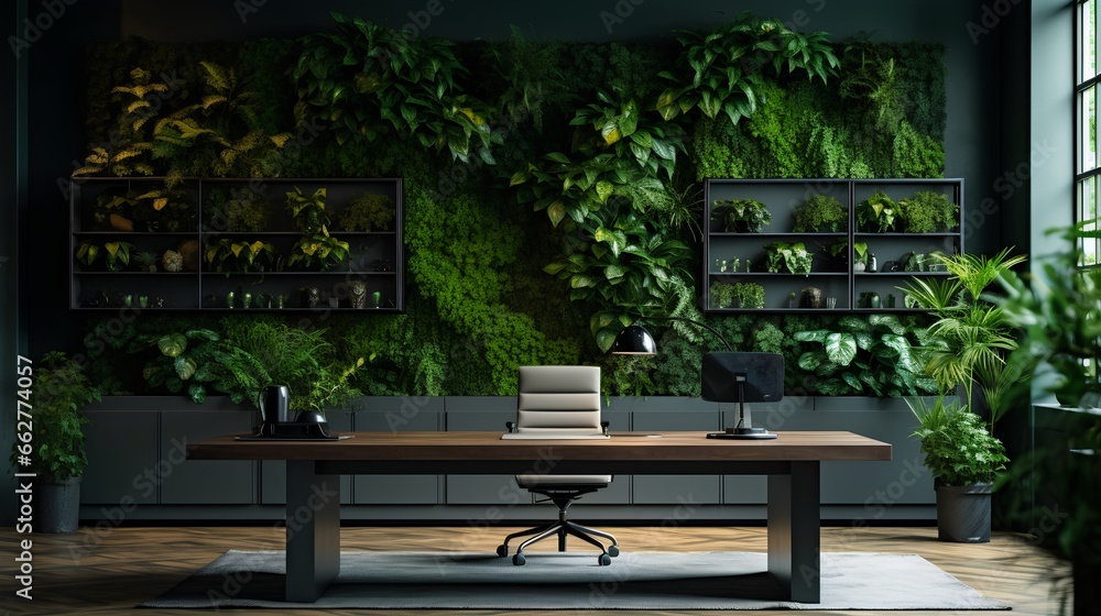 Modern corporate office space with green walls. Sustainable and nature friendly environment. The office design reflects the companys commitment to ecology practices and a healthy work atmosphere.