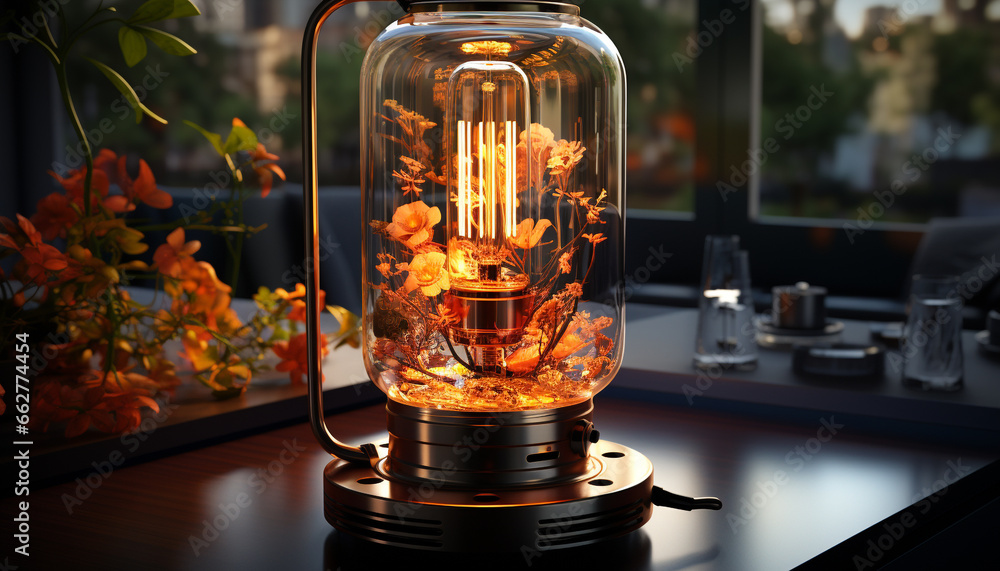 Glowing glass illuminates old fashioned electric lamp, brightening the indoors generated by AI