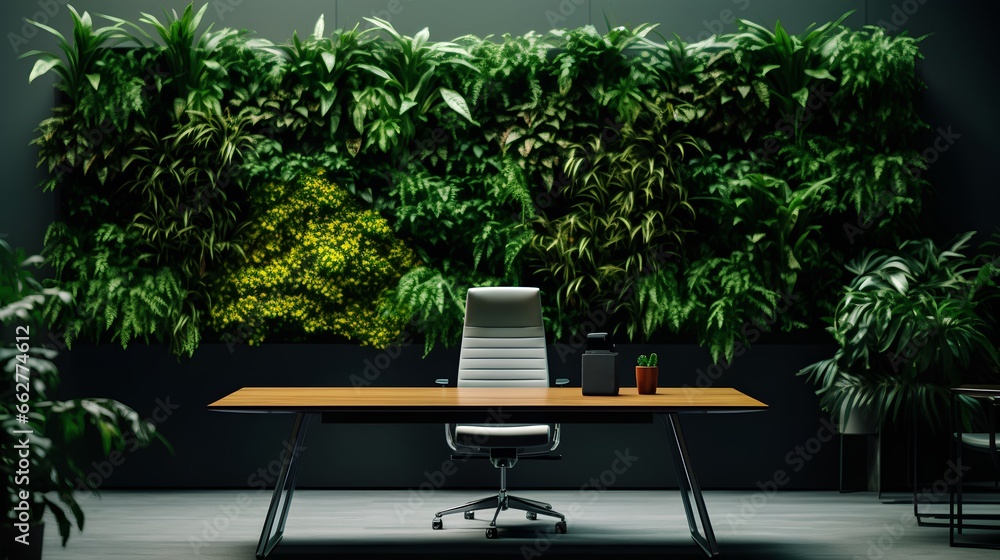 Modern corporate office space with green walls. Sustainable and nature friendly environment. The office design reflects the companys commitment to ecology practices and a healthy work atmosphere.