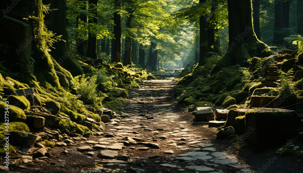 Tranquil scene  green leaves, single lane road, old stone, vanishing point generated by AI