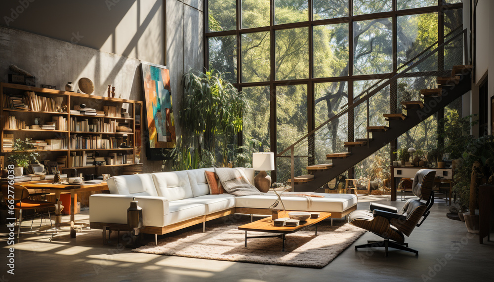 Modern architecture, comfortable sofa, elegant armchair, bright sunlight, relaxing plant generated by AI